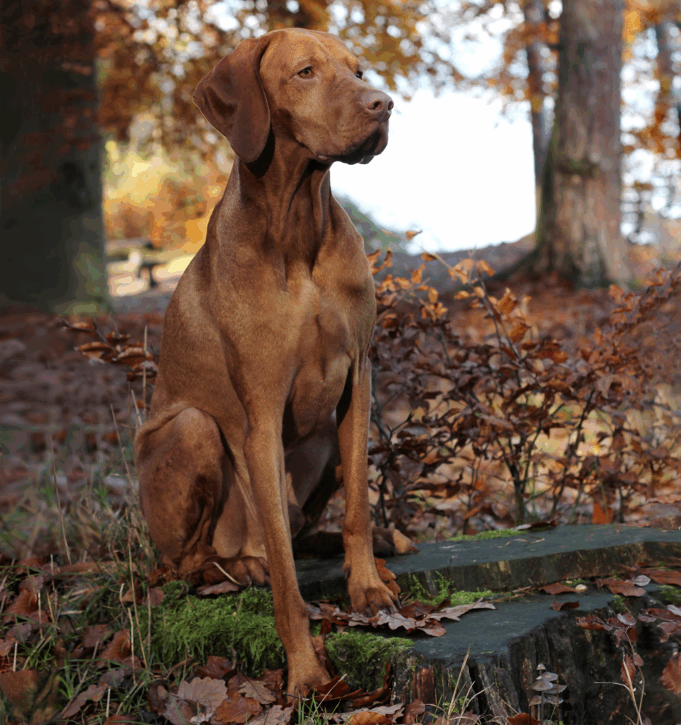 Ein Jagdhund sitzt entspannt ohne Leine im Wald